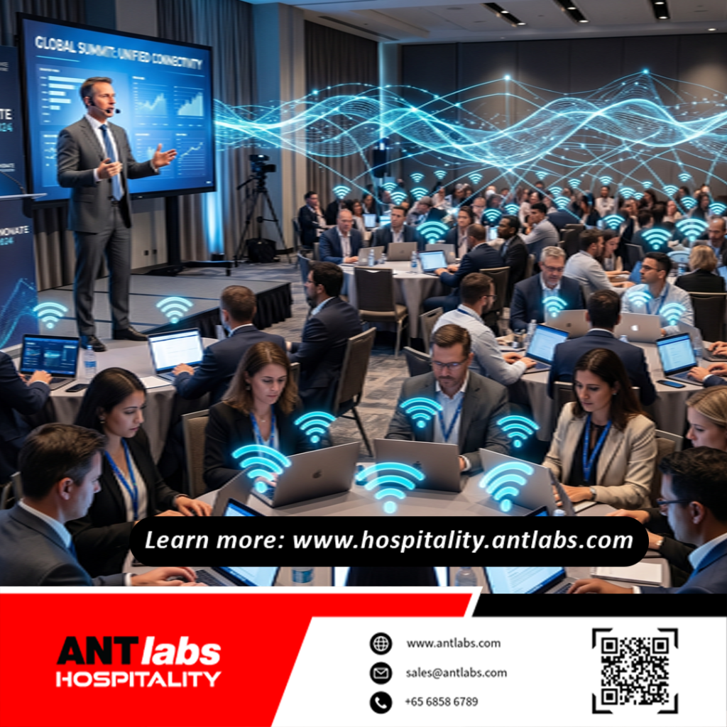 ANTlabs Hospitality conference graphic showing a presenter and attendees using laptops, with glowing Wi-Fi icons and digital network lines representing smart hospitality connectivity.