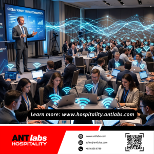 ANTlabs Hospitality conference graphic showing a presenter and attendees using laptops, with glowing Wi-Fi icons and digital network lines representing smart hospitality connectivity.